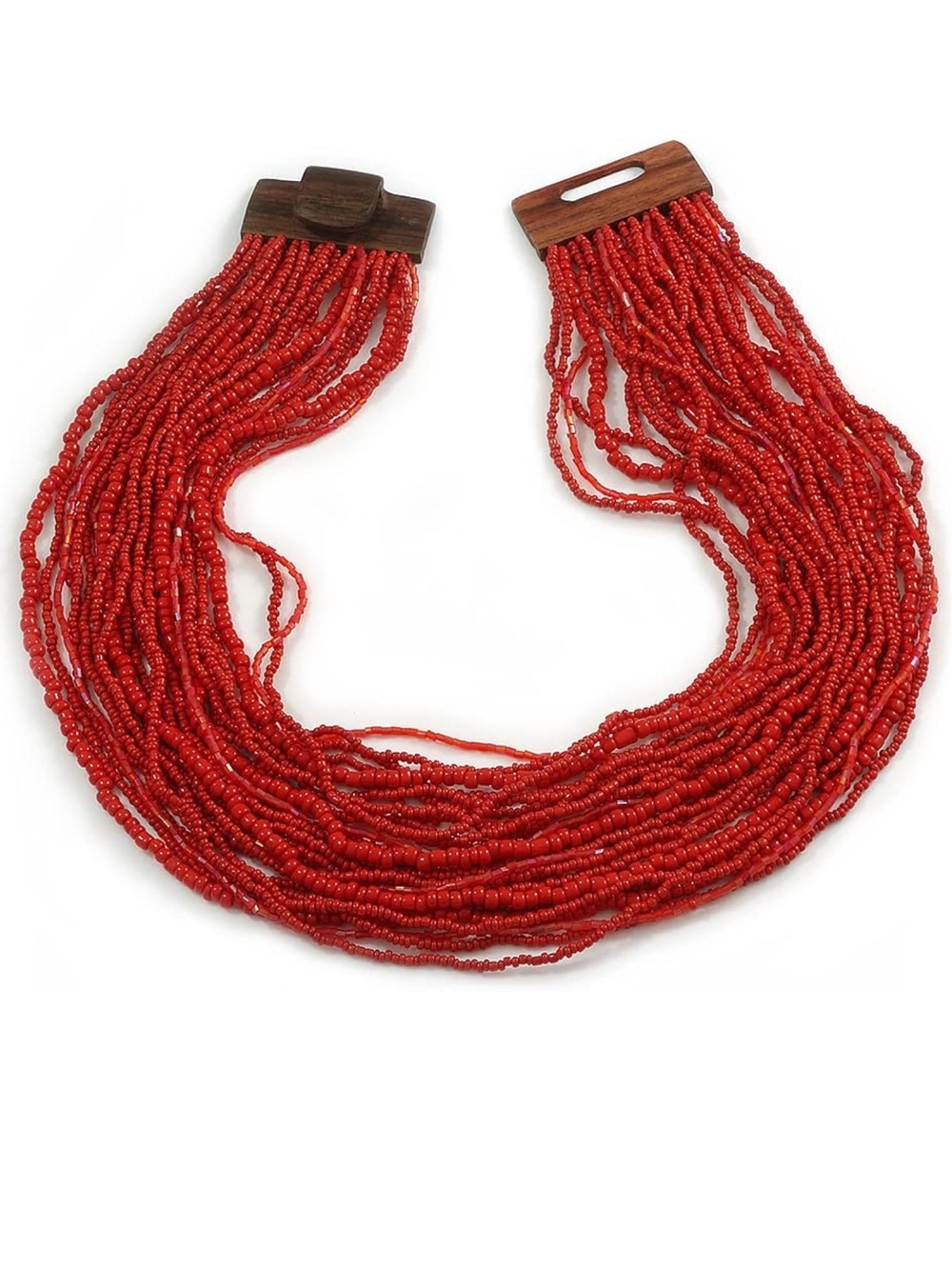 18"Red Glass Seed Bead Layered Statement Necklace with Carved Wood Buckle Clasp